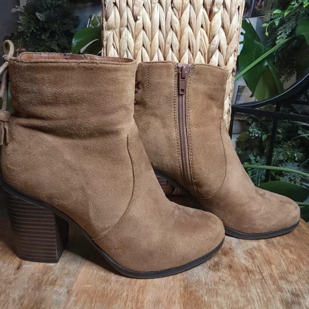 Women's Tan Suede Ankle Booties with Block Heel